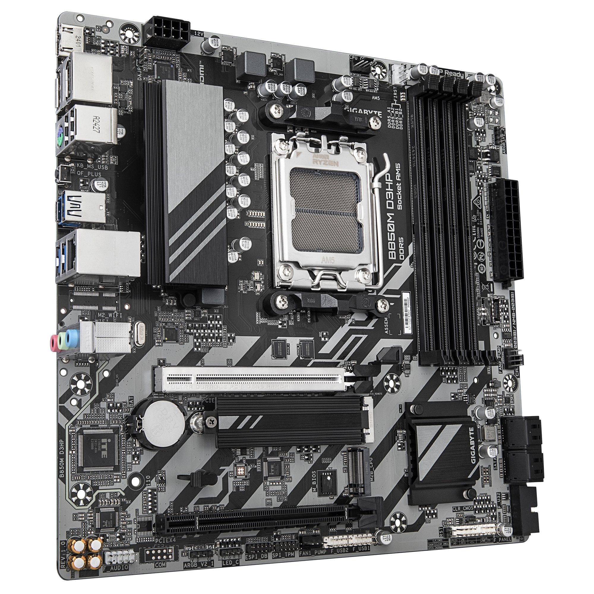 لوحة أم Gigabyte B850M D3HP mATX - AM5، DDR5 بسرعة 9,066 MT/s OC، PCIe 5.0/M.2، X3D Turbo، جاهزة لشبكة Wi-Fi، شاشة مزدوجة