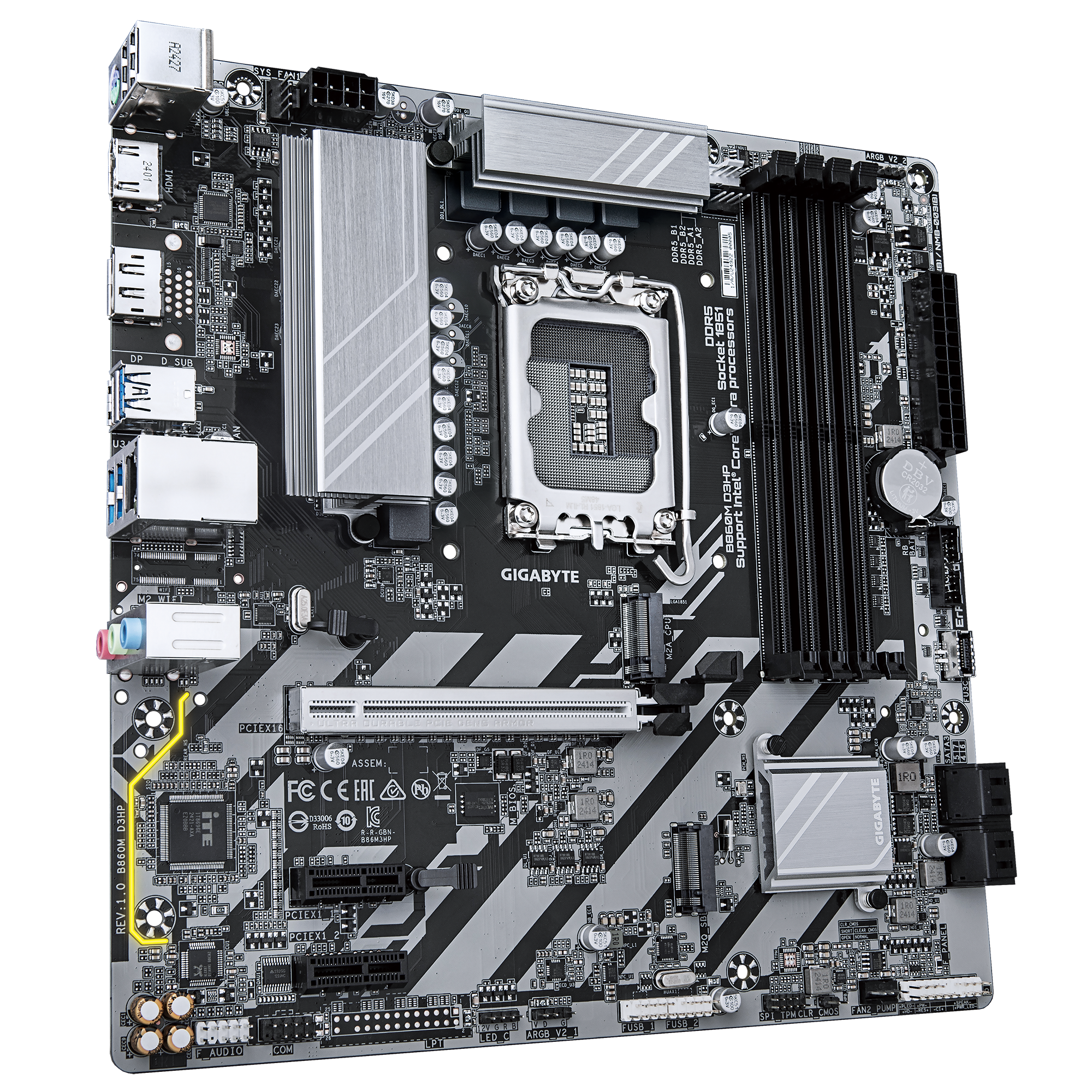 لوحة أم Gigabyte B860M D3HP mATX - LGA 1851، DDR5 حتى 9,066 MT/s (OC)، PCIe 5.0، USB‑C Gen1، Gigabit LAN وBIOS مُدار بالذكاء الاصطناعي