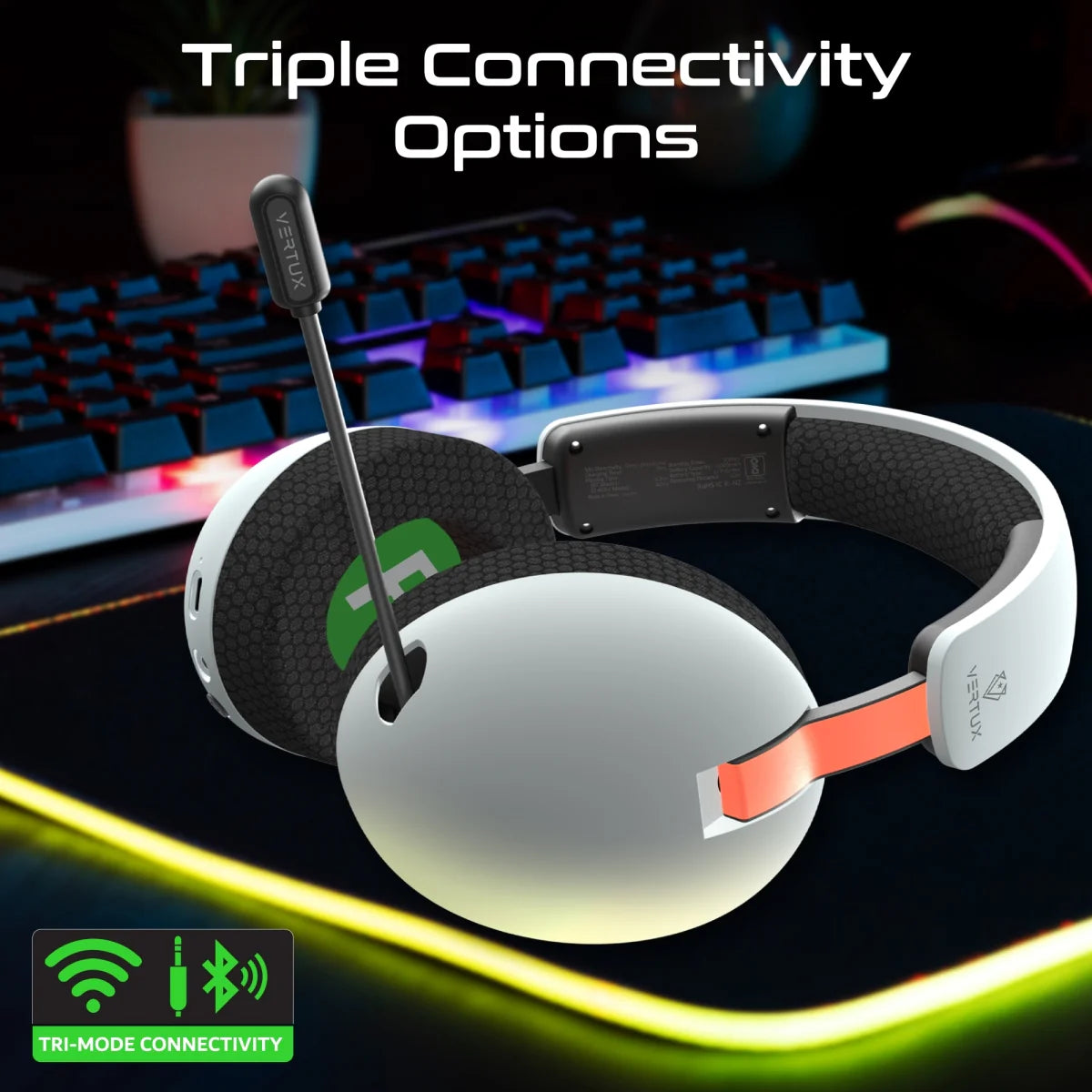 Vertux BB-8 High-Performance Tri-Mode Connectivity Gaming Headset with Retractable Microphone