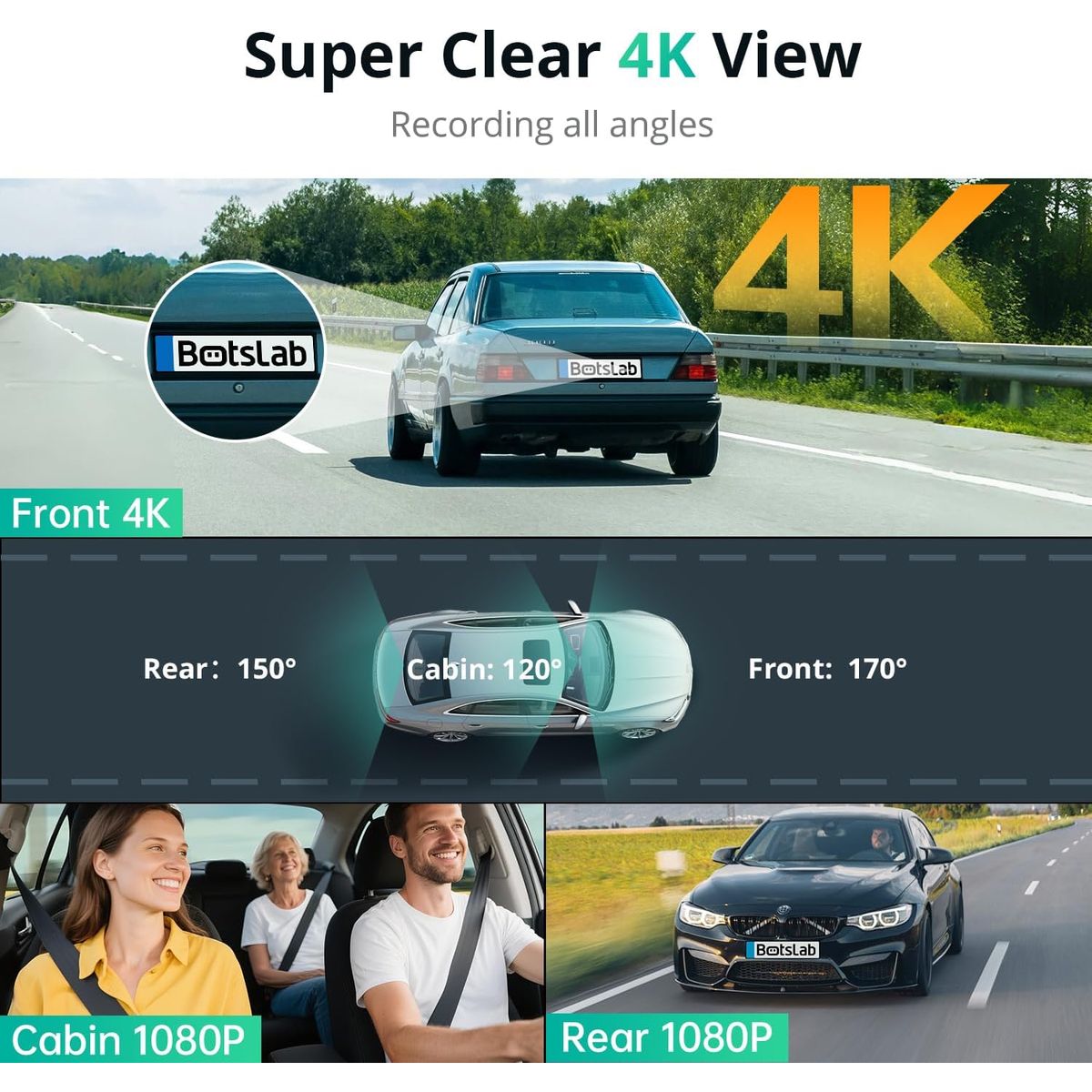 كاميرا سيارة ثلاثية القنوات BOTSLAB G980H، أمامية بدقة 4K + كاميرات خلفية وجانبية بدقة 1080P، تغطية 360°، شاشة لمس مقاس 3.18 بوصة، GPS، WiFi، رؤية ليلية ووضع الركن