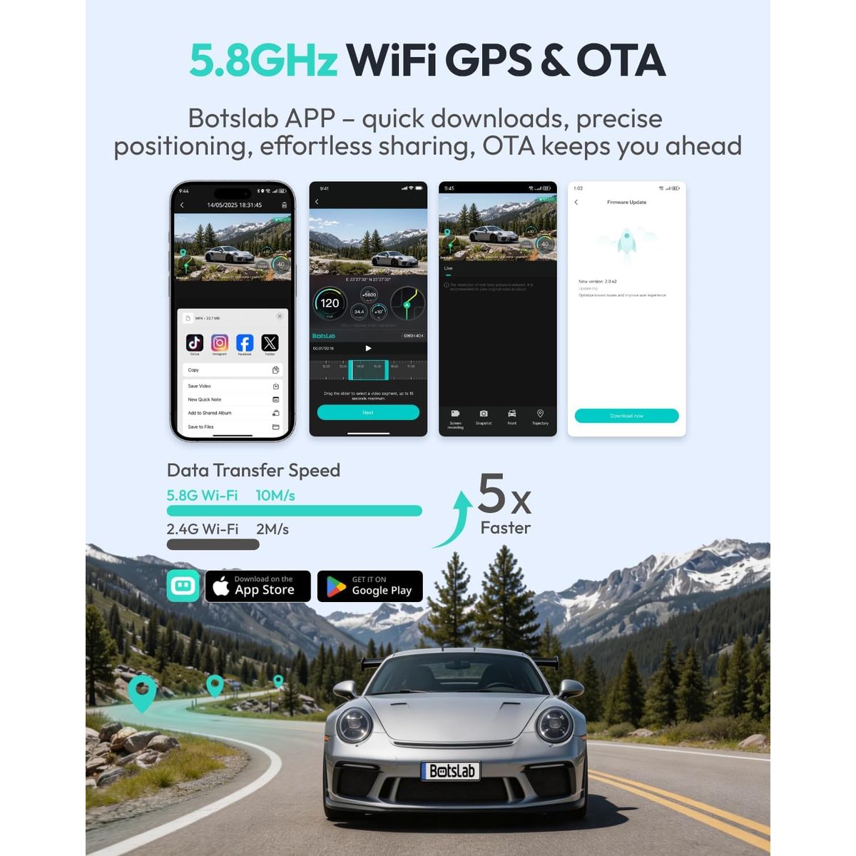 كاميرا سيارة ثلاثية القنوات BOTSLAB G980H، أمامية بدقة 4K + كاميرات خلفية وجانبية بدقة 1080P، تغطية 360°، شاشة لمس مقاس 3.18 بوصة، GPS، WiFi، رؤية ليلية ووضع الركن