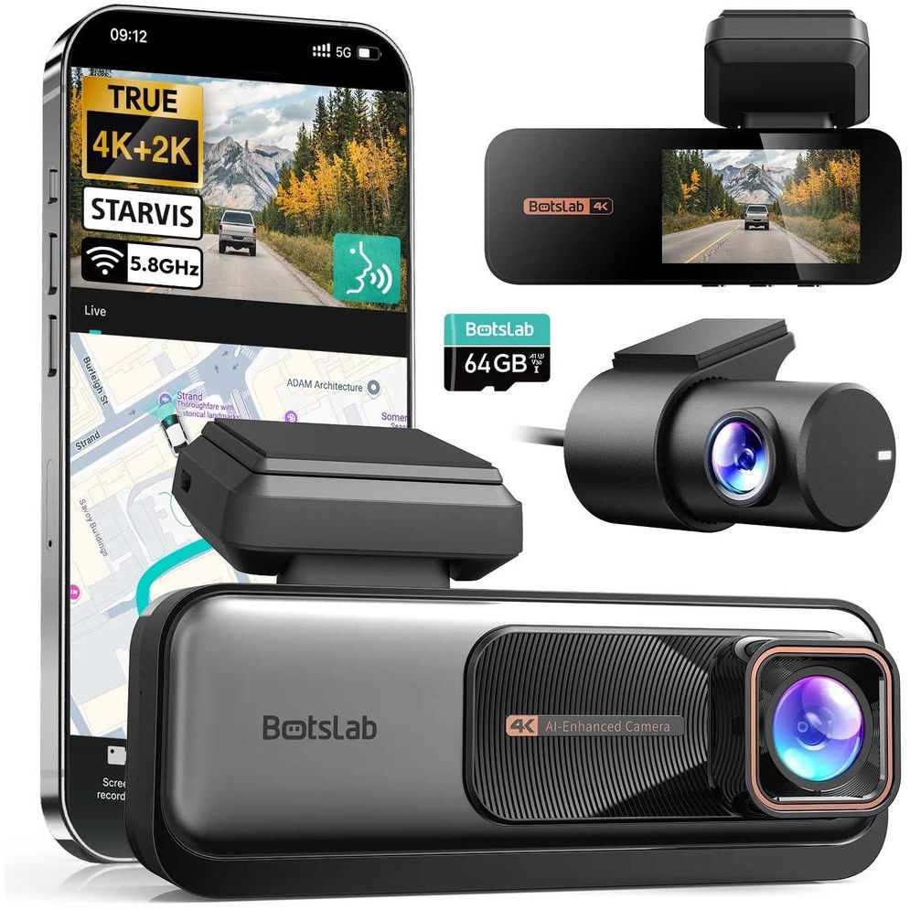 كاميرا داش كام ثنائية القنوات BOTSLAB G980H Pro، بدقة 4K أمامية و2K خلفية، مع GPS، وWi‑Fi بتردد 5.8 غيغاهرتز، ونظام ADAS، والتحكم الصوتي، ووضع الركن على مدار الساعة طوال أيام الأسبوع