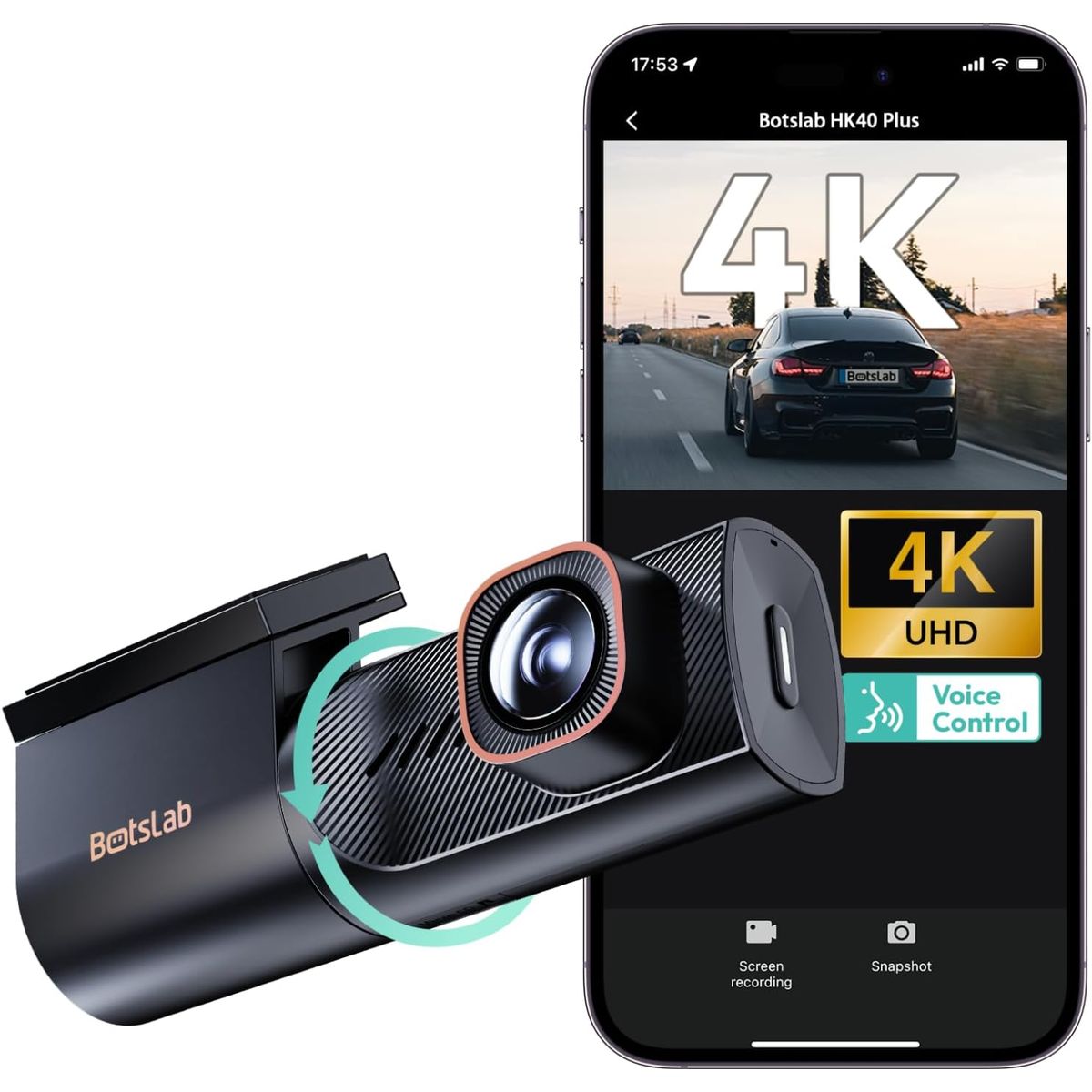 كاميرا داش كام BOTSLAB HK40 Plus بدقة 4K وقناة واحدة، بزاوية واسعة 150°، ورؤية ليلية، وتحكم صوتي، ومستشعر G، ووضع ركن السيارات على مدار الساعة طوال أيام الأسبوع
