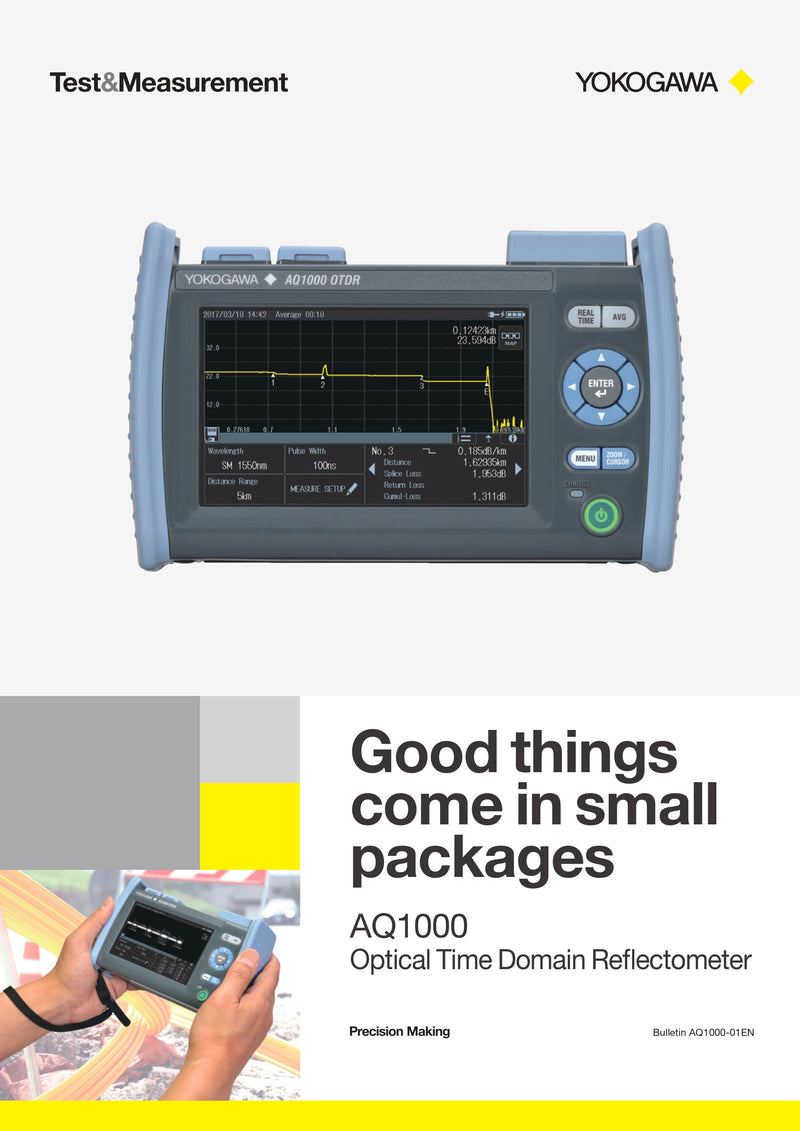 Yokogawa AQ1000 OTDR Tester with 1310/1550nm Wavelengths, 32/30dB Range, Multi-Touch Display, VLS/WLAN Options, 10-Hour Battery
