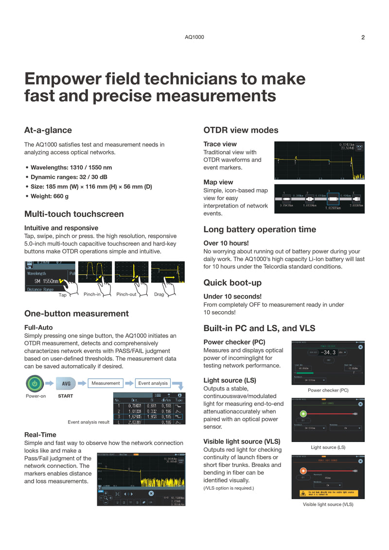 Yokogawa AQ1000 OTDR Tester with 1310/1550nm Wavelengths, 32/30dB Range, Multi-Touch Display, VLS/WLAN Options, 10-Hour Battery