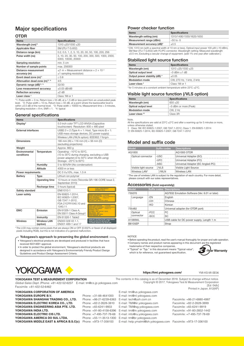 Yokogawa AQ1000 OTDR Tester with 1310/1550nm Wavelengths, 32/30dB Range, Multi-Touch Display, VLS/WLAN Options, 10-Hour Battery