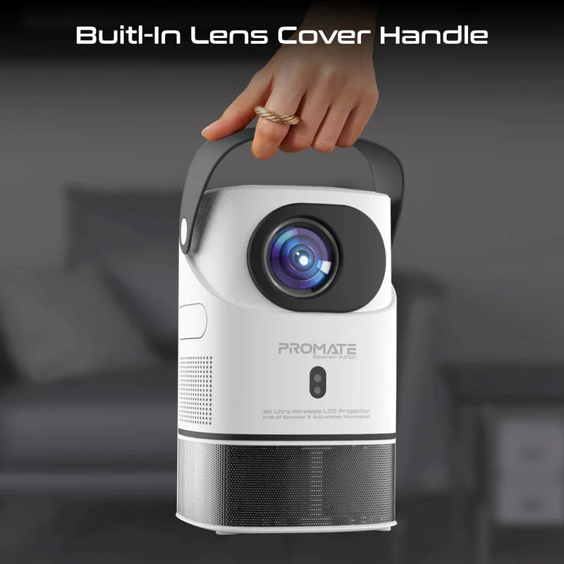 Promate Beamer-A250 4K Ultra HD Wireless LCD Projector with Built-In Speaker & Monopod Stand