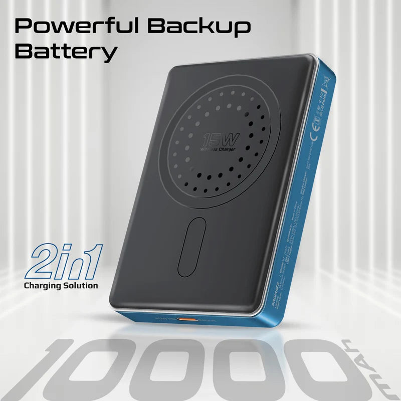 Promate Blade‑10 10 000 mAh MagSafe Power Bank – 15 W Wireless, 20 W USB‑C PD, Smart Indicator, Aluminum Sleek Design