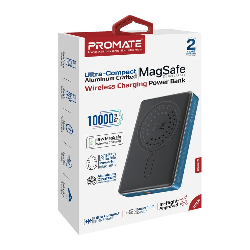 Promate Blade‑10 10 000 mAh MagSafe Power Bank – 15 W Wireless, 20 W USB‑C PD, Smart Indicator, Aluminum Sleek Design