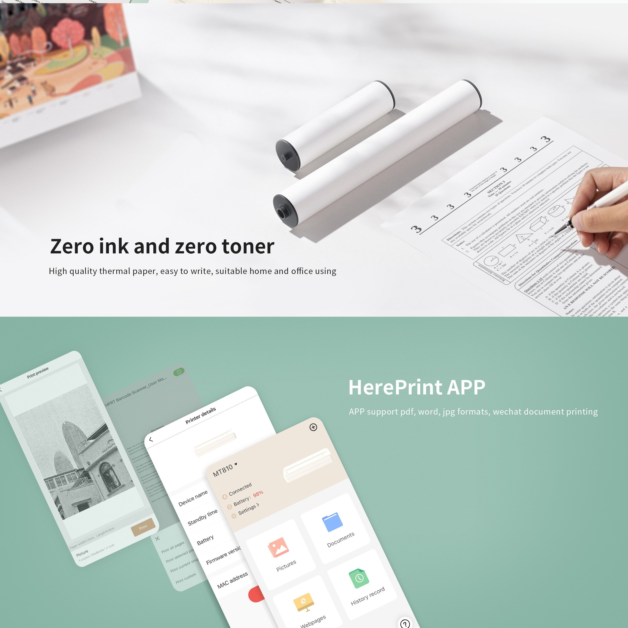 HPRT MT810 A4 Mobile Thermal Printer – 203 DPI, Bluetooth 4.0, USB-C Charging, Compact & Lightweight
