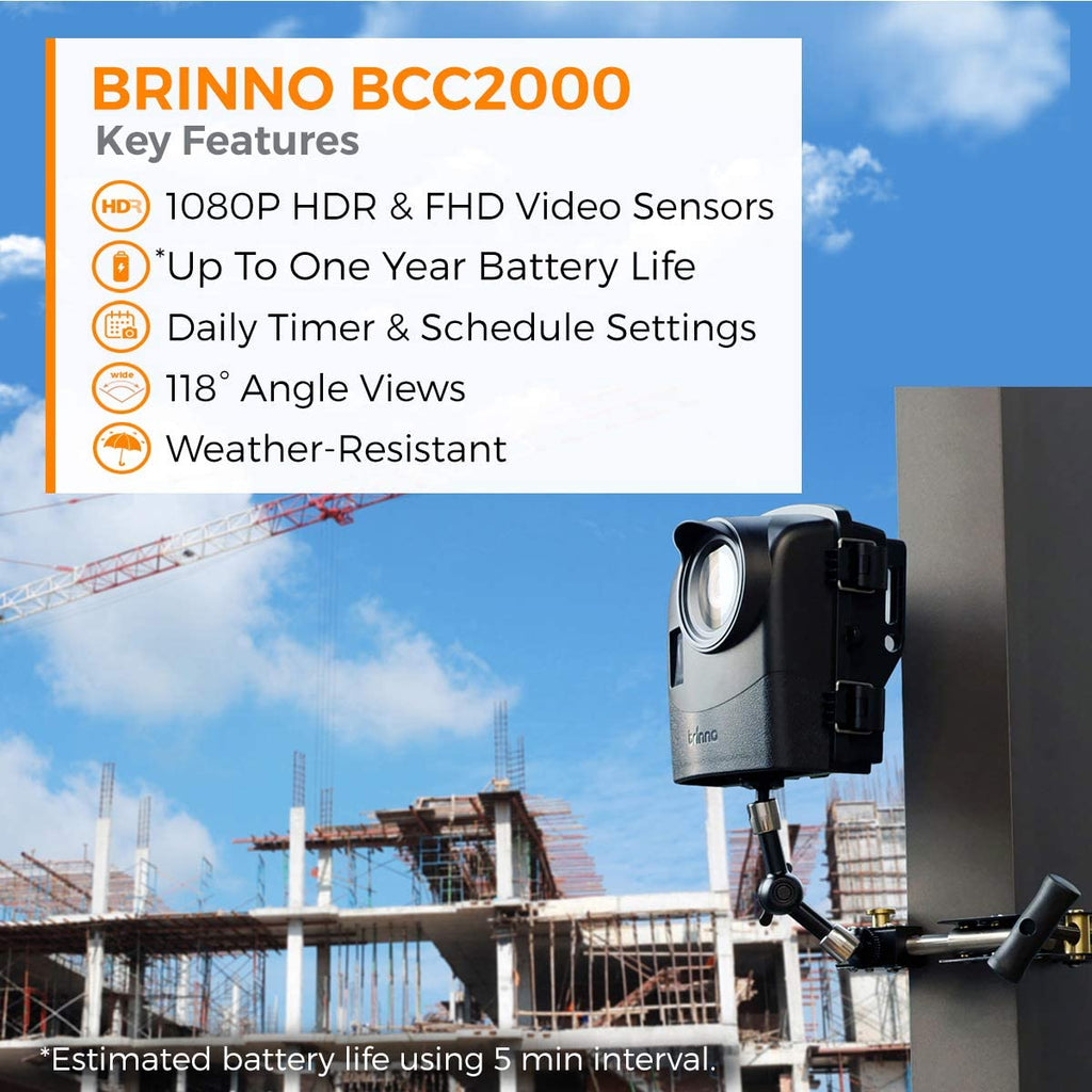 كاميرا Brinno BCC2000 لتصوير التايم لابس في مواقع البناء والخارج – دقة 1080p HDR، عمر بطارية سنة واحدة، هيكل مقاوم للعوامل الجوية، مشبك صناعي، عدسة CS-Mount، إعداد سهل