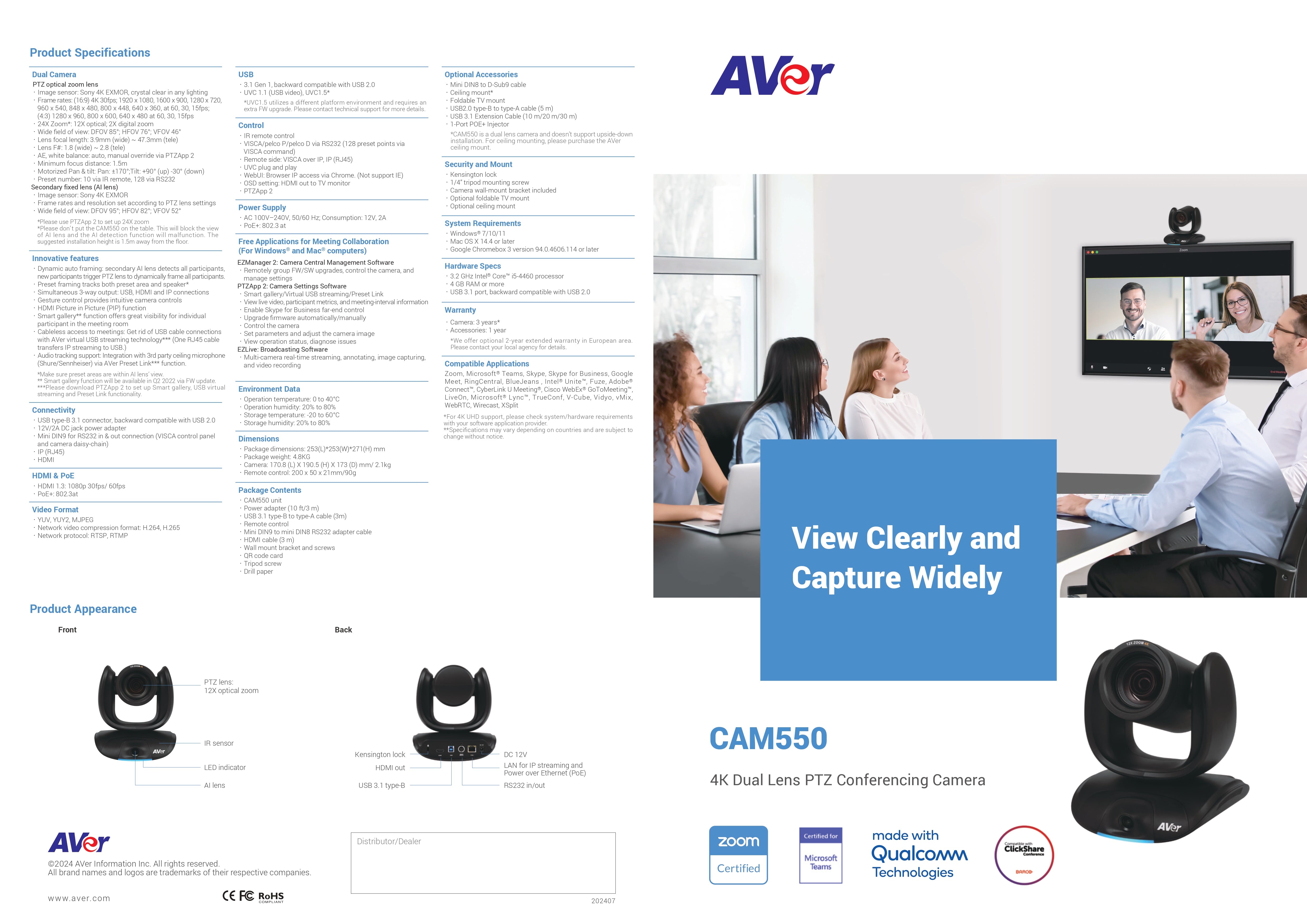 AVer CAM550 4K Dual Lens PTZ Camera with 24X Zoom, Smart Gallery, AI Tracking, USB/IP/HDMI Output, Gesture Control for Mid-Large Rooms