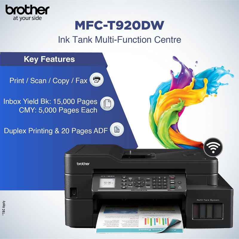 Brother Wireless All In One Ink Tank Printer, MFC-T920DW, Automatic 2 Sided Features, Mobile & Cloud Print And Scan, Network Connectivity, High Yield Ink Bottles