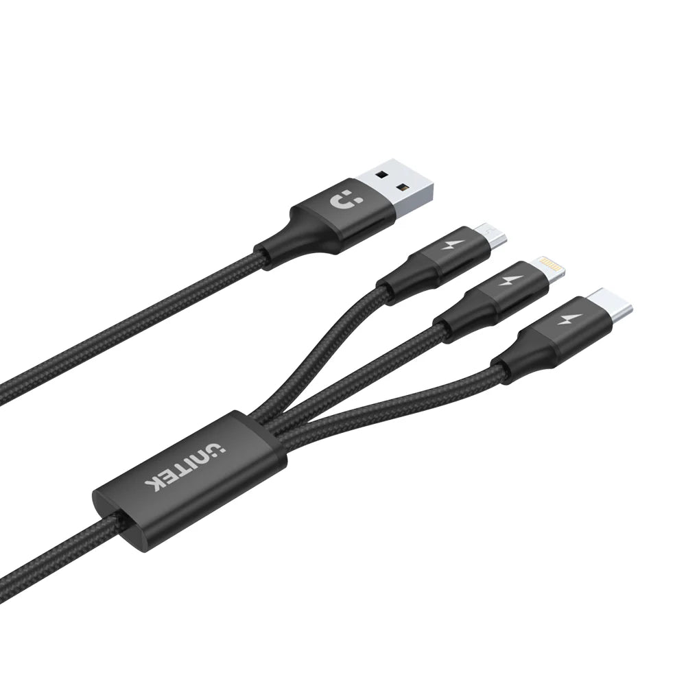 Unitek 3-in-1 USB-A to USB-C/Micro USB/Lightning Charging Cable – 1.2m, 2.4A Fast Charge, Nylon Braided, Tangle-Free, Compatible with iOS & Android Devices