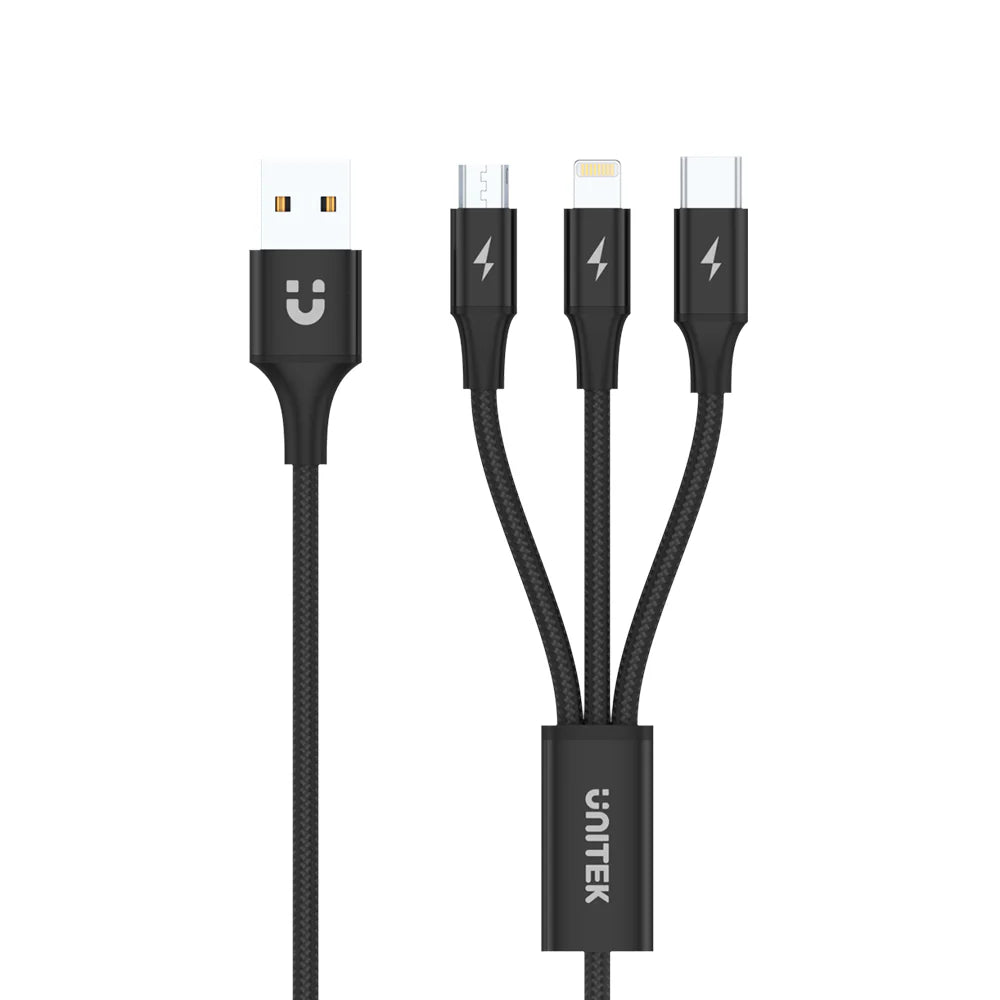Unitek 3-in-1 USB-A to USB-C/Micro USB/Lightning Charging Cable – 1.2m, 2.4A Fast Charge, Nylon Braided, Tangle-Free, Compatible with iOS & Android Devices