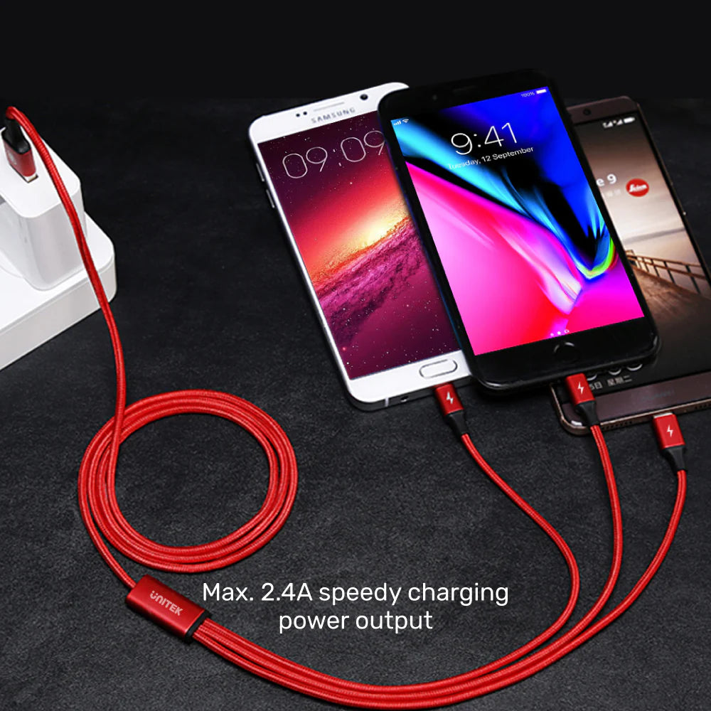 Unitek 3-in-1 USB-A to USB-C/Micro USB/Lightning Charging Cable – 1.2m, 2.4A Fast Charge, Nylon Braided, Tangle-Free, Compatible with iOS & Android Devices