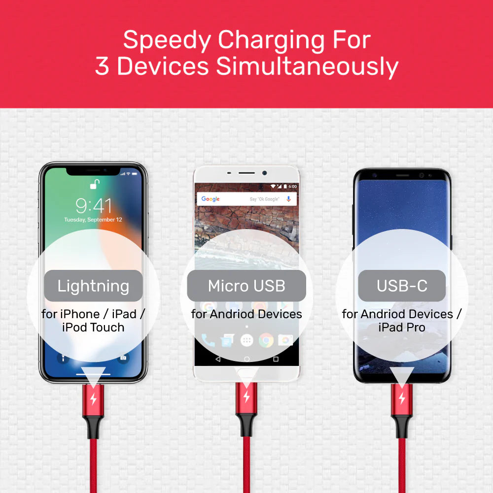Unitek 3-in-1 USB-A to USB-C/Micro USB/Lightning Charging Cable – 1.2m, 2.4A Fast Charge, Nylon Braided, Tangle-Free, Compatible with iOS & Android Devices