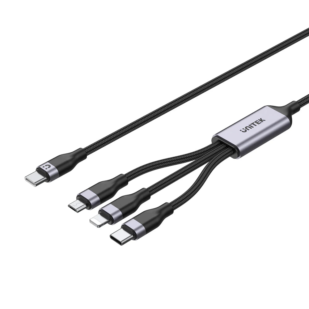 Unitek 3-in-1 USB-C Charging Cable – 1.5M Nylon Braided - USB-C to Lightning (20W PD) - USB-C (15W) - Micro USB (10W) - Data Sync Support