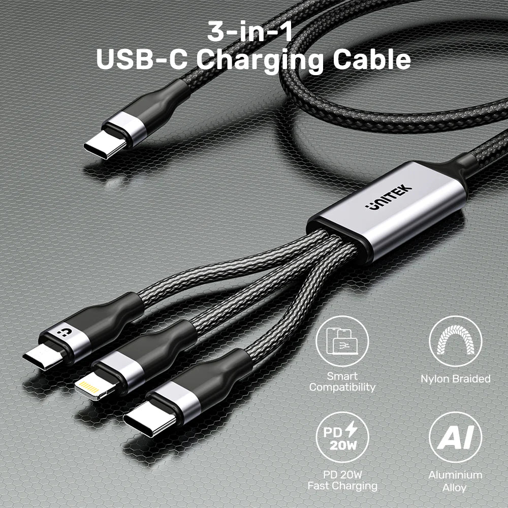 Unitek 3-in-1 USB-C Charging Cable – 1.5M Nylon Braided - USB-C to Lightning (20W PD) - USB-C (15W) - Micro USB (10W) - Data Sync Support
