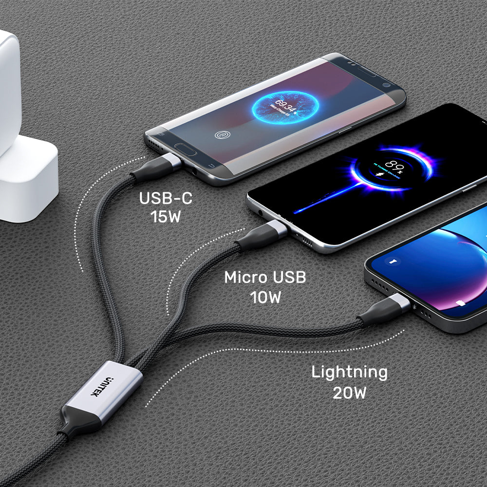 Unitek 3-in-1 USB-C Charging Cable – 1.5M Nylon Braided - USB-C to Lightning (20W PD) - USB-C (15W) - Micro USB (10W) - Data Sync Support