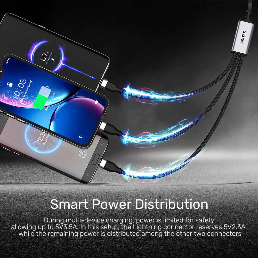 Unitek 3-in-1 USB-C Charging Cable – 1.5M Nylon Braided - USB-C to Lightning (20W PD) - USB-C (15W) - Micro USB (10W) - Data Sync Support