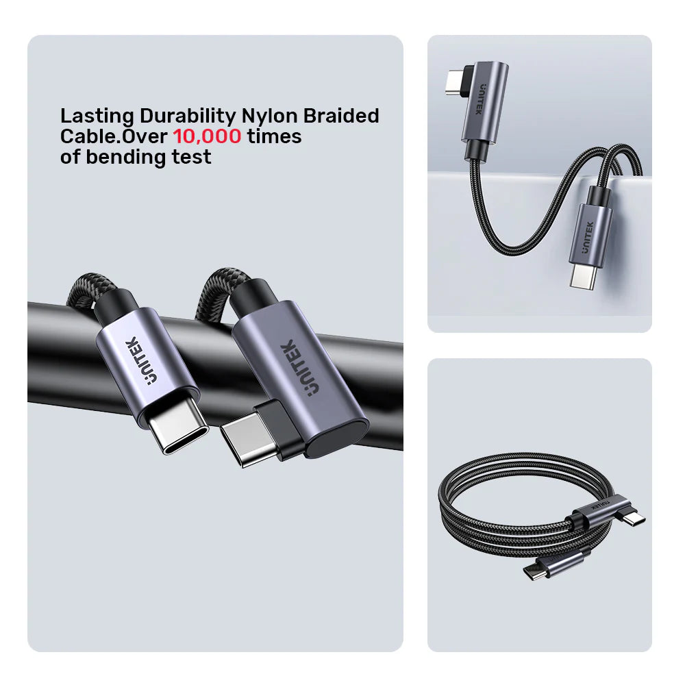 كابل شحن يونيتيك ١٠٠ واط بزاوية ٩٠ درجة من USB-C إلى USB-C - مضفر من النايلون - ٢ متر - شريحة E-Marker - نقل بيانات بسرعة ٤٨٠ ميجابت في الثانية - متوافق مع أجهزة ماك بوك - آيفون ١٥ - سامسونج جالاكسي