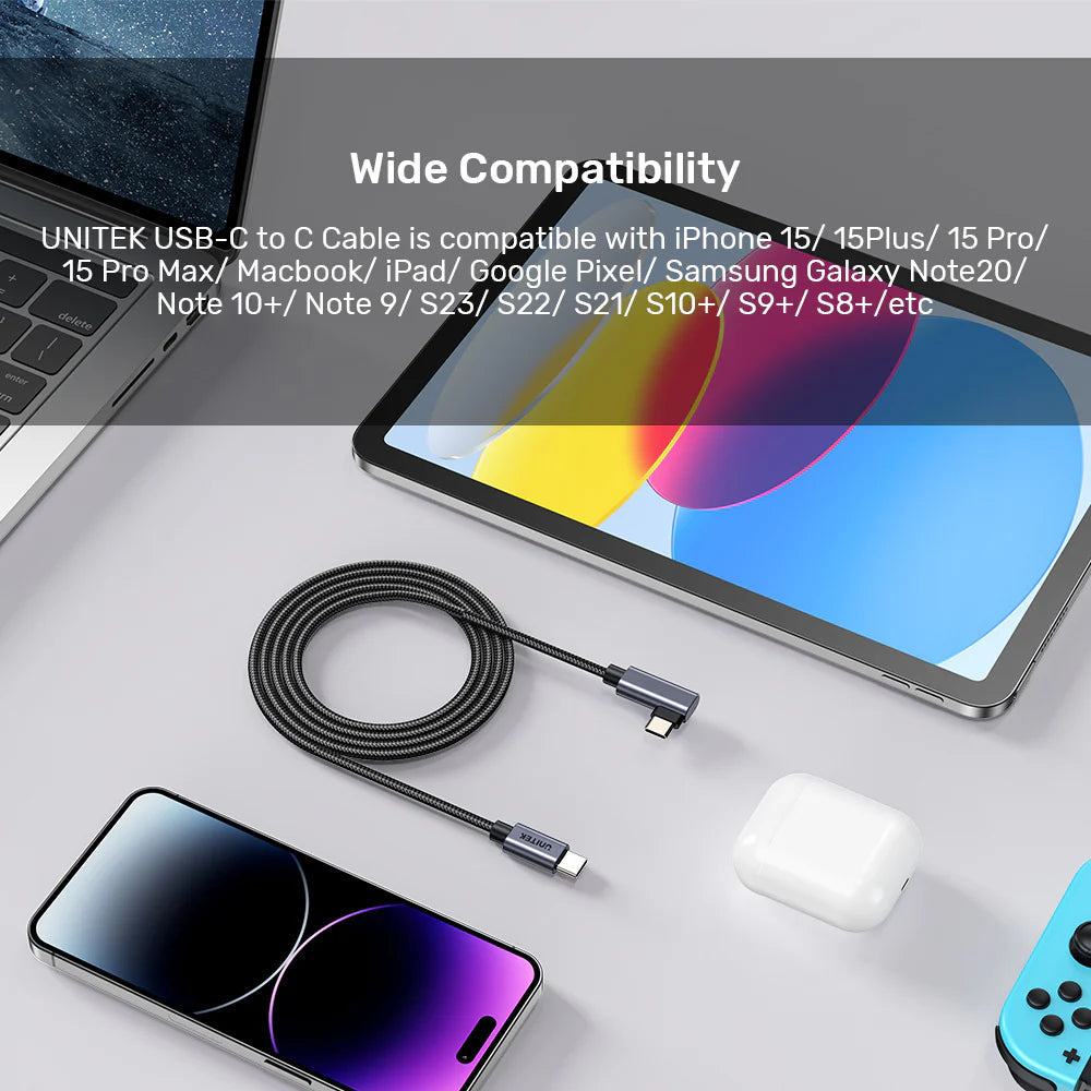 كابل شحن يونيتيك ١٠٠ واط بزاوية ٩٠ درجة من USB-C إلى USB-C - مضفر من النايلون - ٢ متر - شريحة E-Marker - نقل بيانات بسرعة ٤٨٠ ميجابت في الثانية - متوافق مع أجهزة ماك بوك - آيفون ١٥ - سامسونج جالاكسي