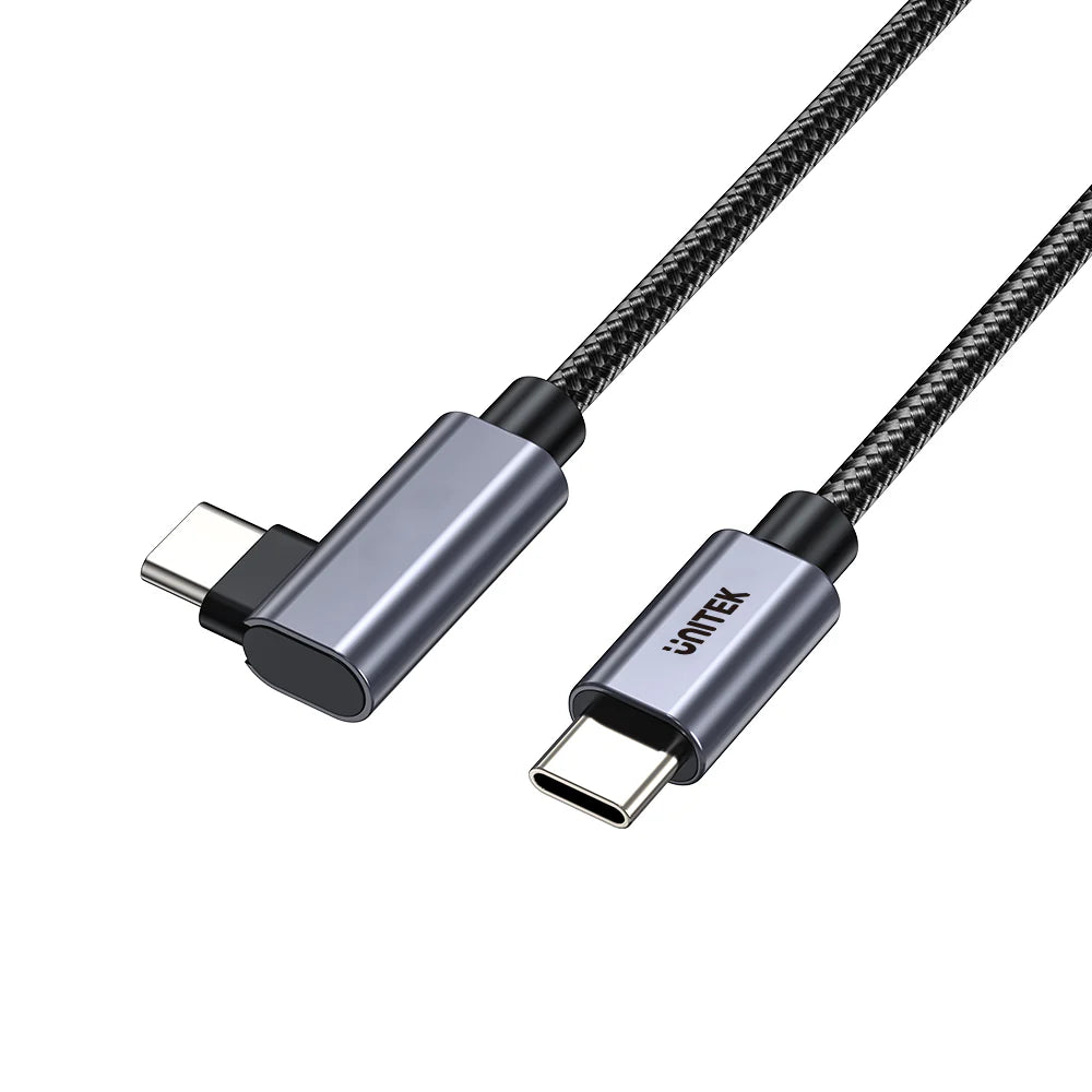 كابل شحن يونيتيك ١٠٠ واط بزاوية ٩٠ درجة من USB-C إلى USB-C - مضفر من النايلون - ٢ متر - شريحة E-Marker - نقل بيانات بسرعة ٤٨٠ ميجابت في الثانية - متوافق مع أجهزة ماك بوك - آيفون ١٥ - سامسونج جالاكسي