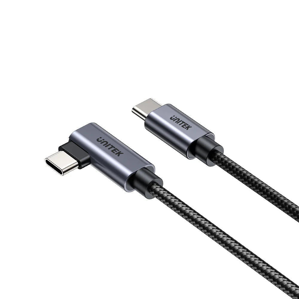 كابل شحن يونيتيك ١٠٠ واط بزاوية ٩٠ درجة من USB-C إلى USB-C - مضفر من النايلون - ٢ متر - شريحة E-Marker - نقل بيانات بسرعة ٤٨٠ ميجابت في الثانية - متوافق مع أجهزة ماك بوك - آيفون ١٥ - سامسونج جالاكسي