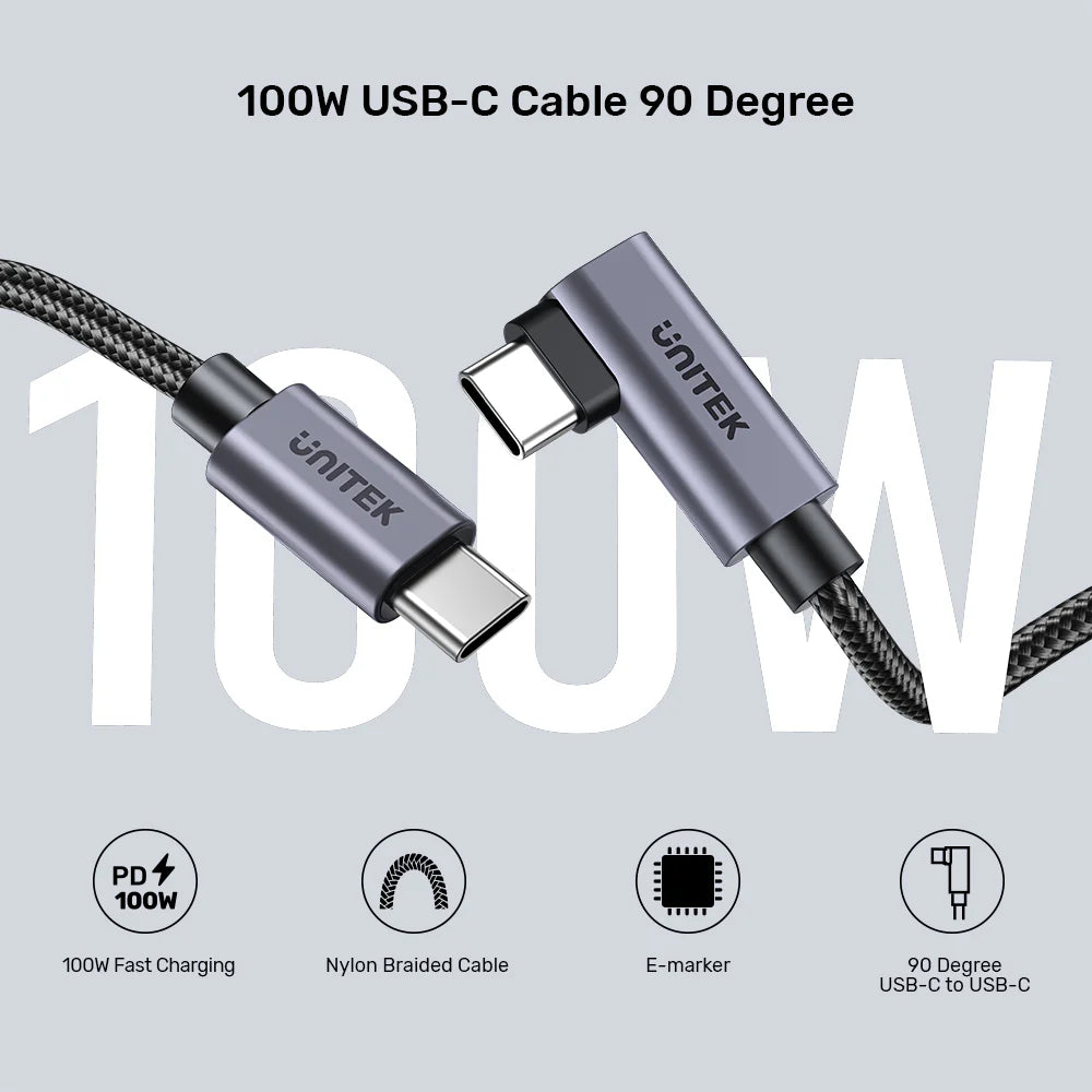 كابل شحن يونيتيك ١٠٠ واط بزاوية ٩٠ درجة من USB-C إلى USB-C - مضفر من النايلون - ٢ متر - شريحة E-Marker - نقل بيانات بسرعة ٤٨٠ ميجابت في الثانية - متوافق مع أجهزة ماك بوك - آيفون ١٥ - سامسونج جالاكسي