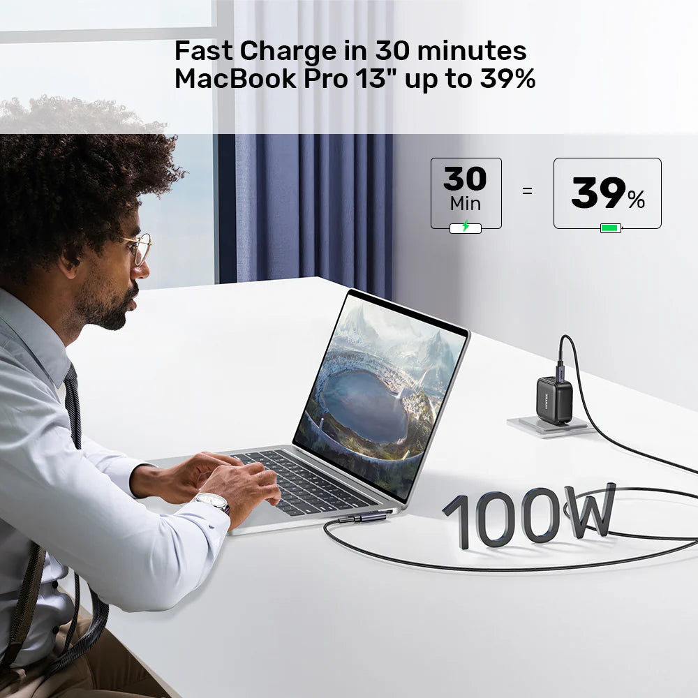 كابل شحن يونيتيك ١٠٠ واط بزاوية ٩٠ درجة من USB-C إلى USB-C - مضفر من النايلون - ٢ متر - شريحة E-Marker - نقل بيانات بسرعة ٤٨٠ ميجابت في الثانية - متوافق مع أجهزة ماك بوك - آيفون ١٥ - سامسونج جالاكسي