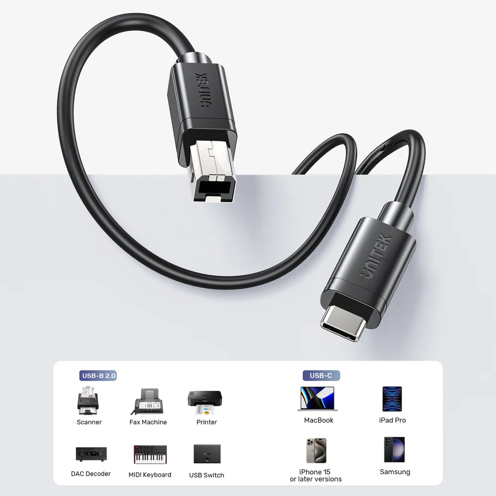 UNITEK USB-C to USB-B Data & Charging Cable – 480Mbps, Triple EMI Shielding, PVC Jacket Compatible with Printers, Scanners & Audio Gear