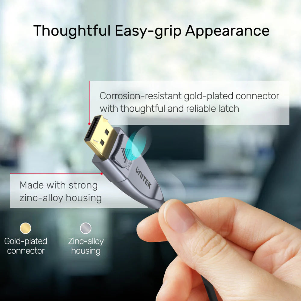 UNITEK UltraPro DisplayPort 1.4 Active Optical Cable – 32.4 Gbps, Supports 8K@60Hz / 4K@144Hz, Long-Reach (5-30m), Zinc Alloy Housing