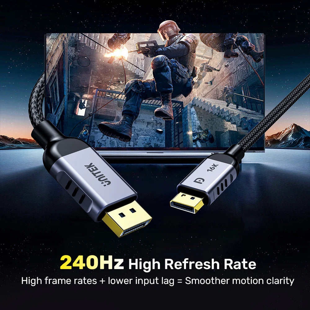 UNITEK DisplayPort 2.1 Cable - 2M  – 16K@60Hz -  8K@120Hz - 4K@240Hz - 80Gbps - DSC 1.2a - Dynamic HDR - 32-bit Audio - Aluminium Alloy
