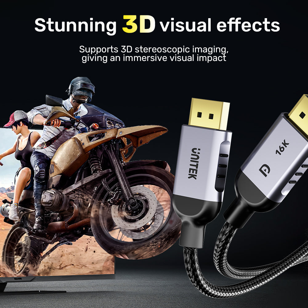 Unitek DisplayPort 2.1 Cable - 3M  – 8K@120Hz - 16K@60Hz - 80Gbps Bandwidth - Dynamic HDR - DSC 1.2a, HDCP 2.2 - Triple Shielding - Aluminium Alloy Housing