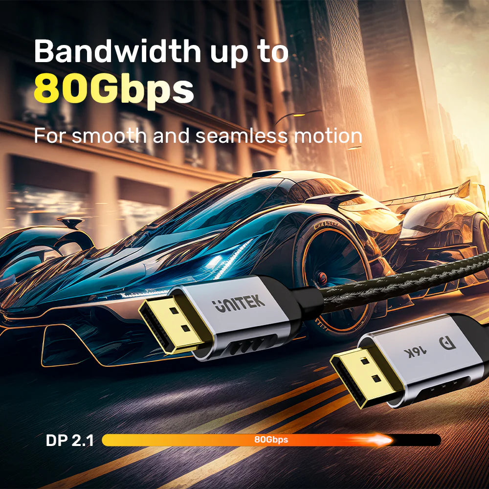 UNITEK DisplayPort 2.1 Cable - 2M  – 16K@60Hz -  8K@120Hz - 4K@240Hz - 80Gbps - DSC 1.2a - Dynamic HDR - 32-bit Audio - Aluminium Alloy
