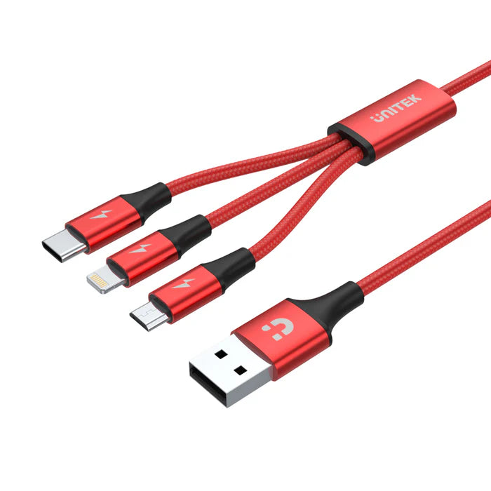 كابل شحن UNITEK 3 في 1، USB-C + لايتنينج + مايكرو USB، شحن سريع 3A، مضفر من النايلون، 1.2 متر