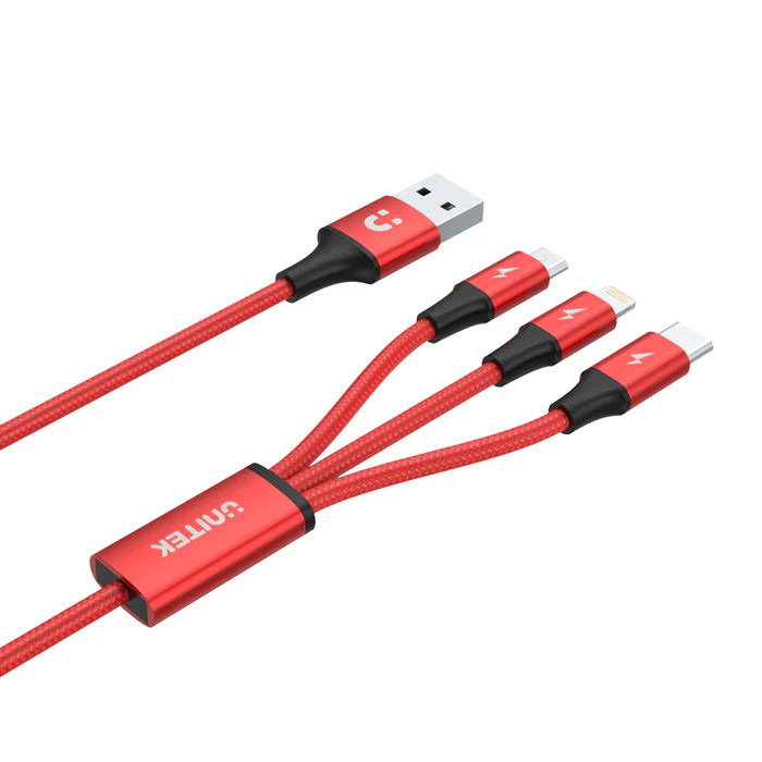 كابل شحن UNITEK 3 في 1، USB-C + لايتنينج + مايكرو USB، شحن سريع 3A، مضفر من النايلون، 1.2 متر