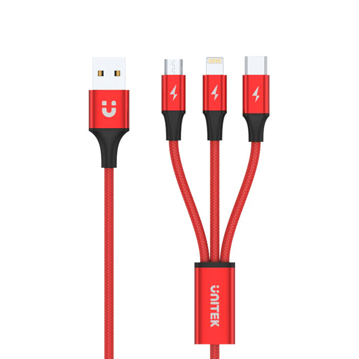 كابل شحن UNITEK 3 في 1، USB-C + لايتنينج + مايكرو USB، شحن سريع 3A، مضفر من النايلون، 1.2 متر