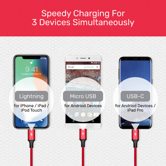 كابل شحن UNITEK 3 في 1، USB-C + لايتنينج + مايكرو USB، شحن سريع 3A، مضفر من النايلون، 1.2 متر