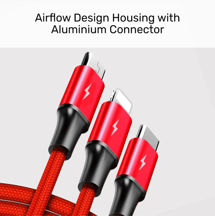 كابل شحن UNITEK 3 في 1، USB-C + لايتنينج + مايكرو USB، شحن سريع 3A، مضفر من النايلون، 1.2 متر