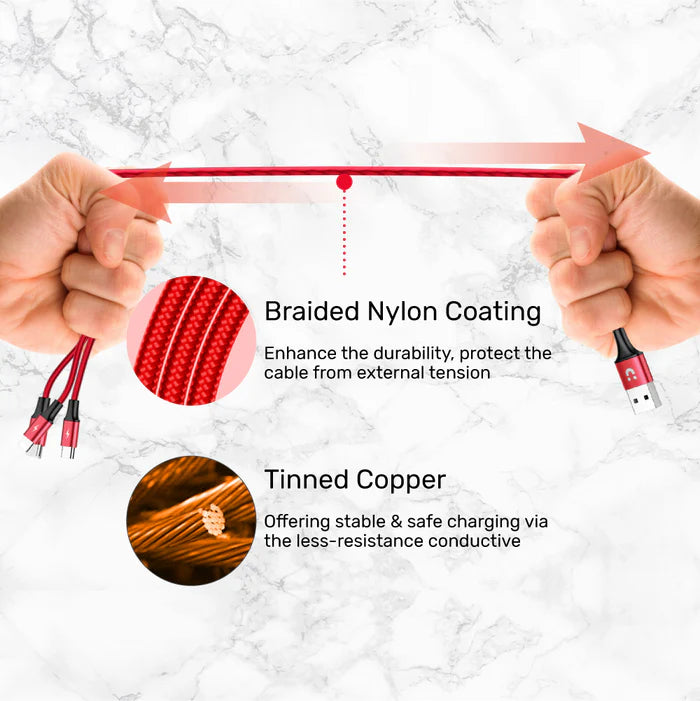 كابل شحن UNITEK 3 في 1، USB-C + لايتنينج + مايكرو USB، شحن سريع 3A، مضفر من النايلون، 1.2 متر