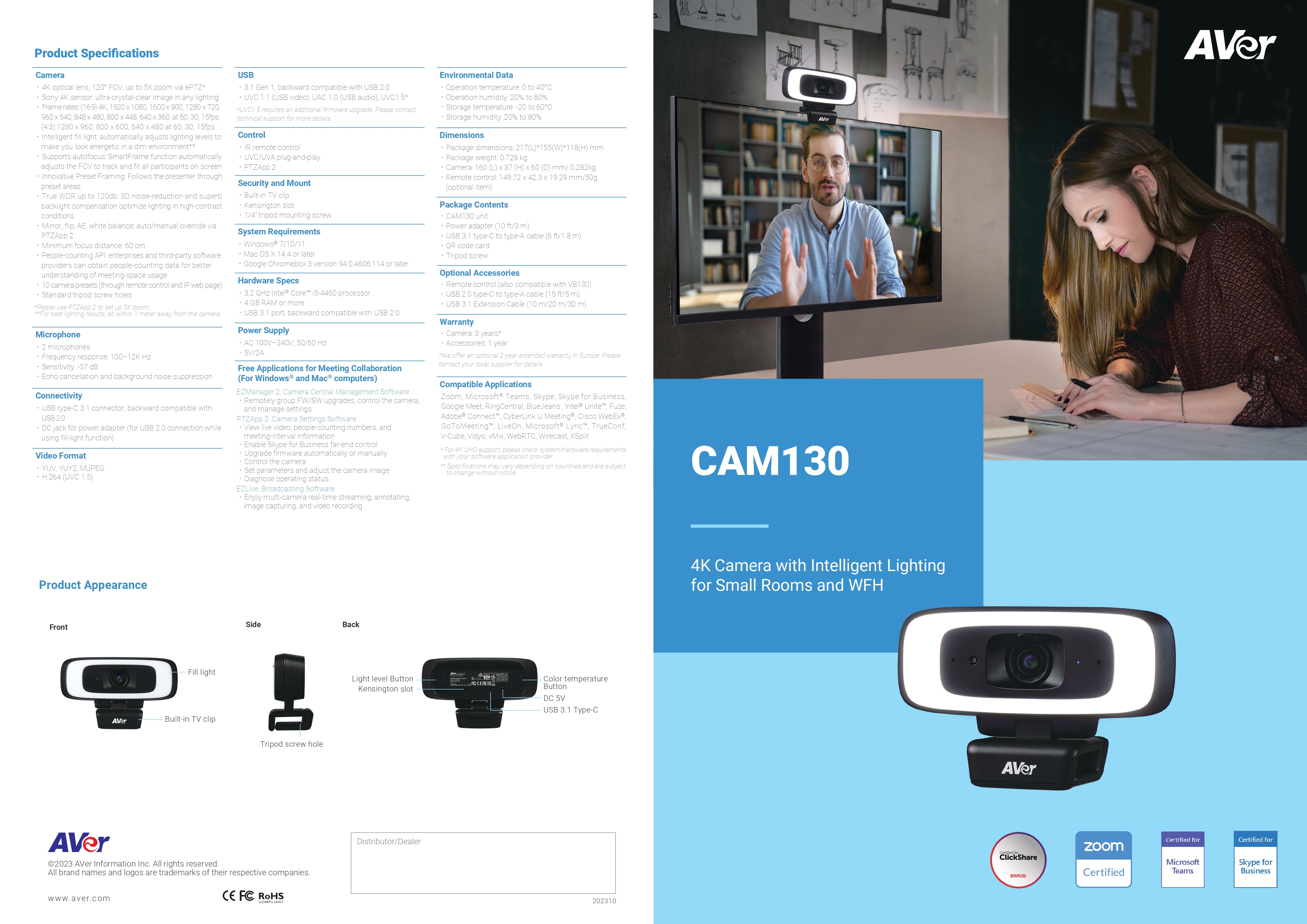 كاميرا مؤتمرات AVer CAM130 4K USB مع تأطير ذكي وإضاءة ذكية ومستشعر Sony ومجال رؤية مزدوج للغرف الصغيرة والعمل من المنزل