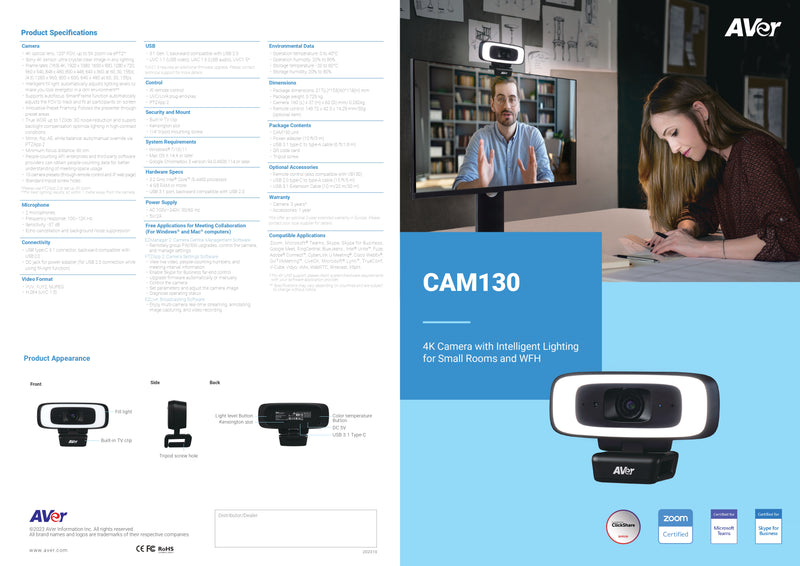 AVer CAM130 4K USB Conference Camera with Smart Framing, Intelligent Lighting, Sony Sensor & Dual FOV for Small Rooms & WFH