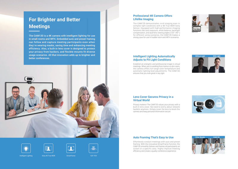 AVer CAM130 4K USB Conference Camera with Smart Framing, Intelligent Lighting, Sony Sensor & Dual FOV for Small Rooms & WFH