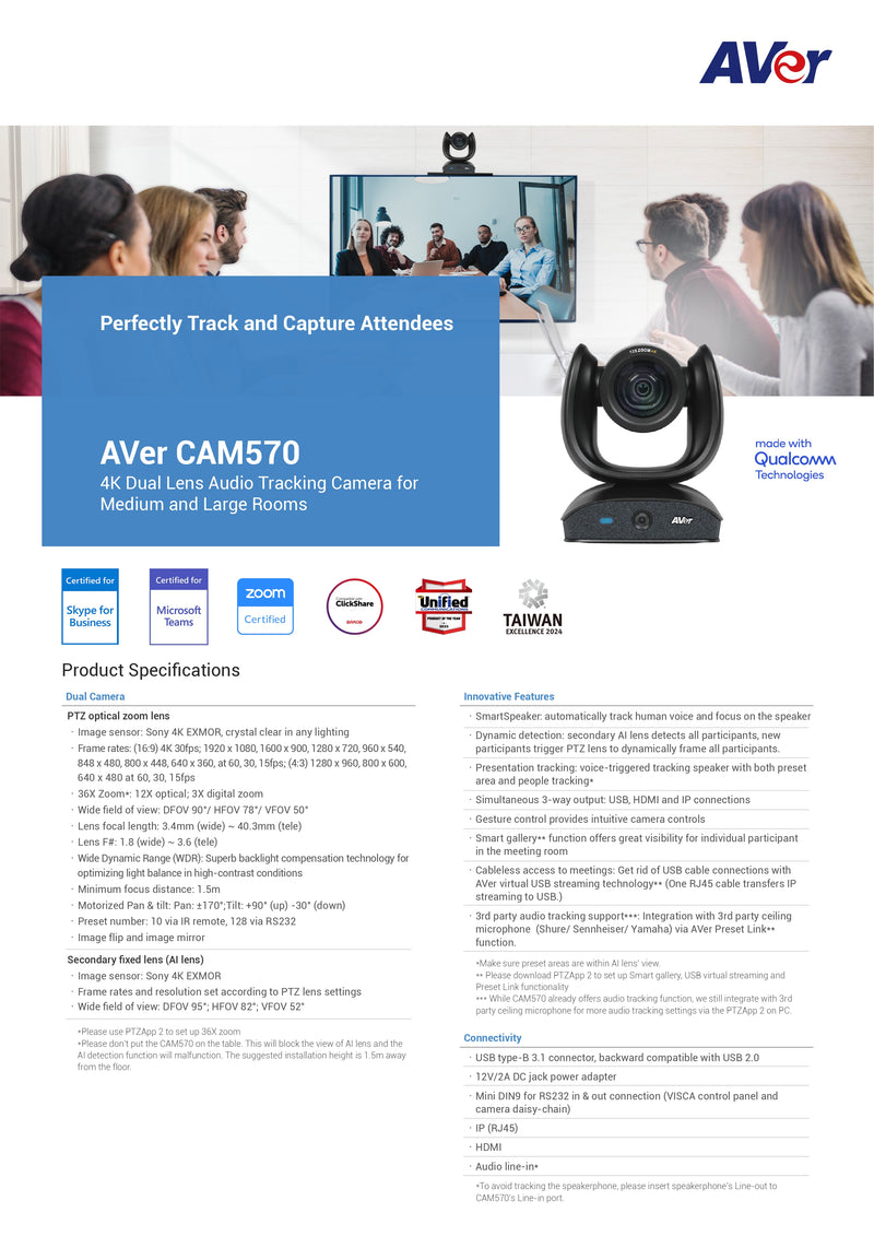 AVer CAM570 4K Dual Lens Audio Tracking Camera with 36X Zoom, USB/IP/HDMI, SmartSpeaker, Smart Gallery, for Medium-Large Rooms