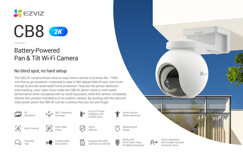EZVIZ CB8 2K Battery-Powered Pan & Tilt Wi-Fi Camera, Color Night Vision, Auto-Tracking, 10400mAh, Solar Compatible, 360° View, 2-Way Talk