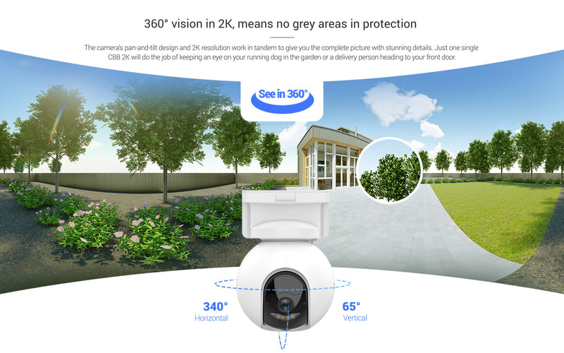 EZVIZ CB8 2K Battery-Powered Pan & Tilt Wi-Fi Camera, Color Night Vision, Auto-Tracking, 10400mAh, Solar Compatible, 360° View, 2-Way Talk