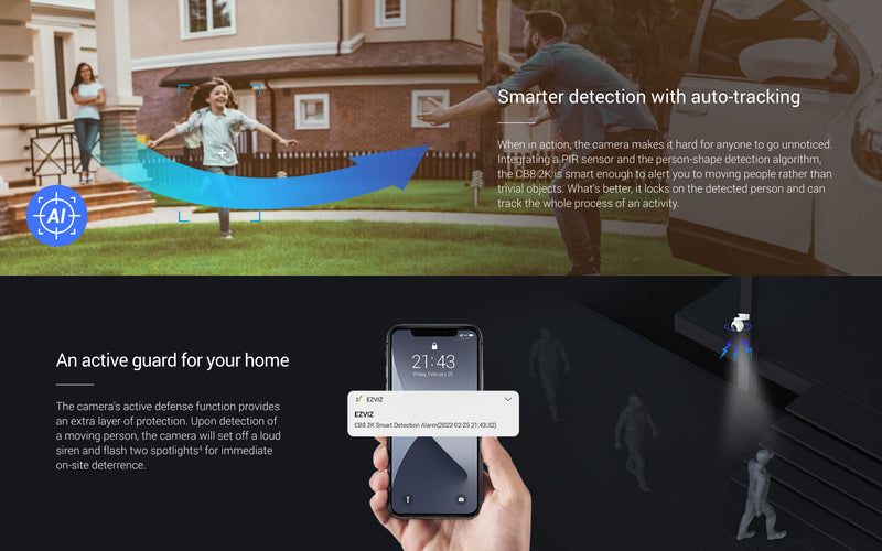 EZVIZ CB8 2K Battery-Powered Pan & Tilt Wi-Fi Camera, Color Night Vision, Auto-Tracking, 10400mAh, Solar Compatible, 360° View, 2-Way Talk