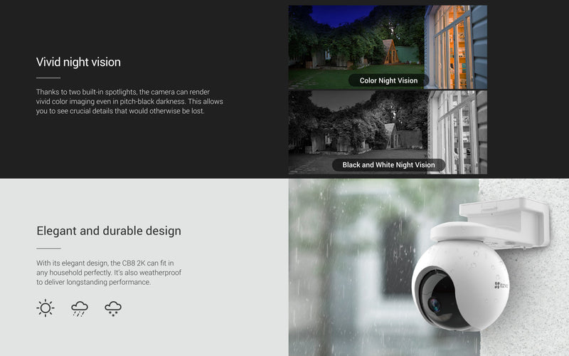 EZVIZ CB8 2K Battery-Powered Pan & Tilt Wi-Fi Camera, Color Night Vision, Auto-Tracking, 10400mAh, Solar Compatible, 360° View, 2-Way Talk